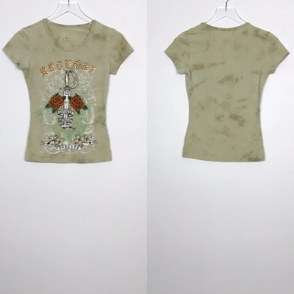 Request Jeans Camo Tee Shirt Crystals Appliqué S - Picture 1 of 8